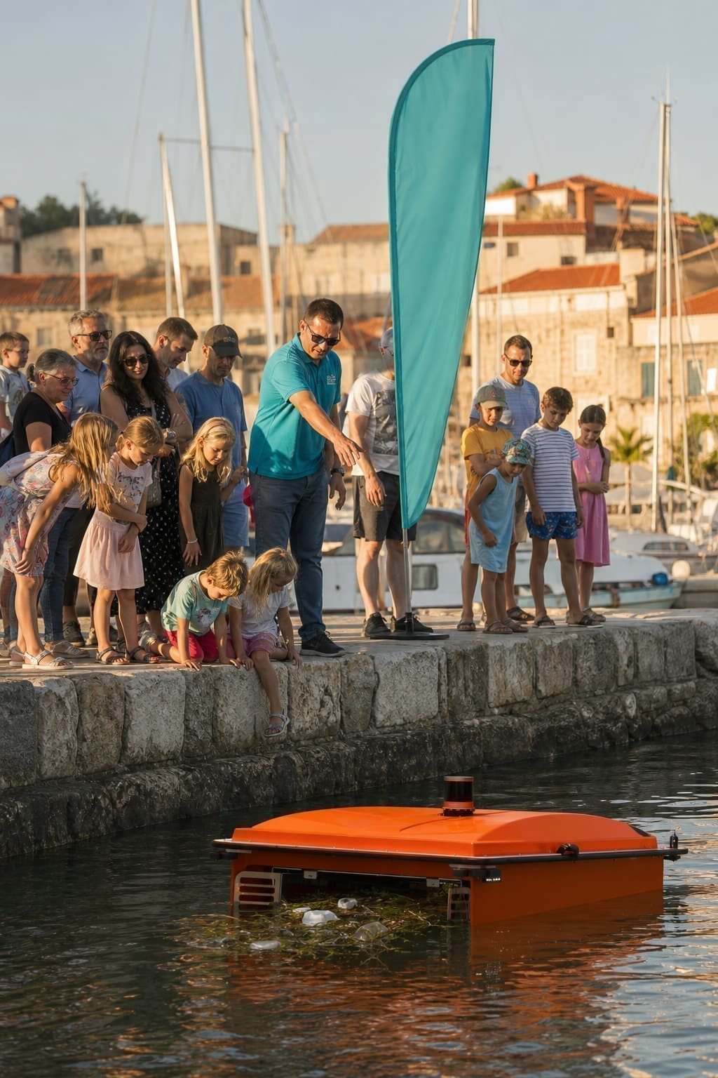 A crowd on a harbor wall at sunset watching a WasteShark drone collect litter from the water