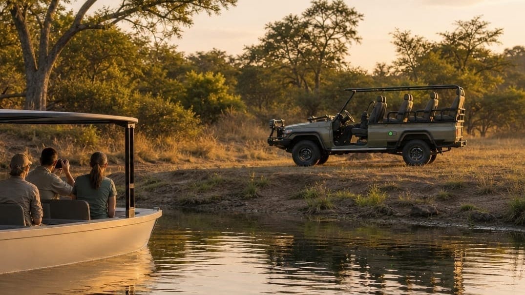 Guests seated on an electric safari boat on still water at sunset