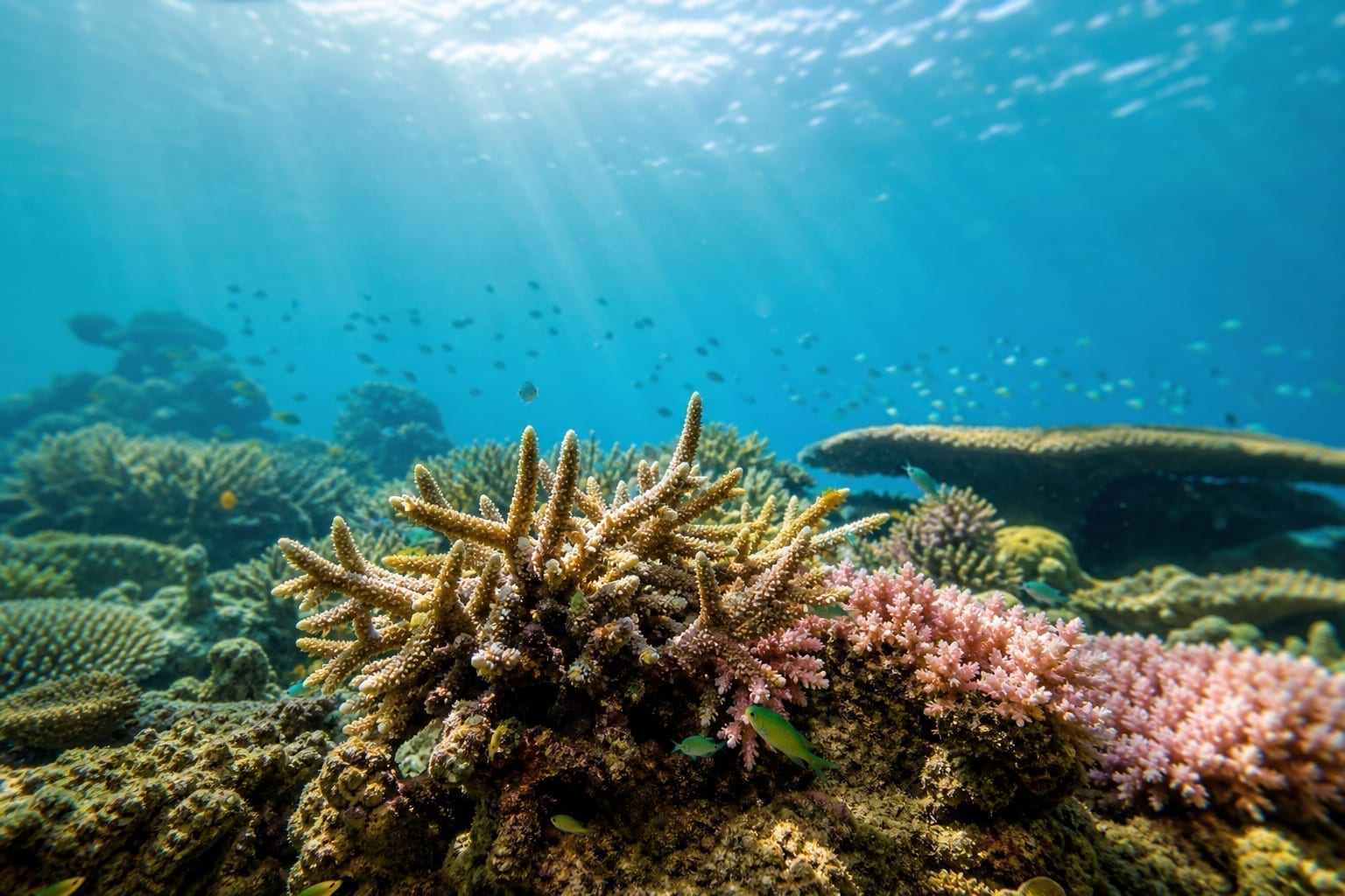 Branching corals and reef fish in sunlit shallow water