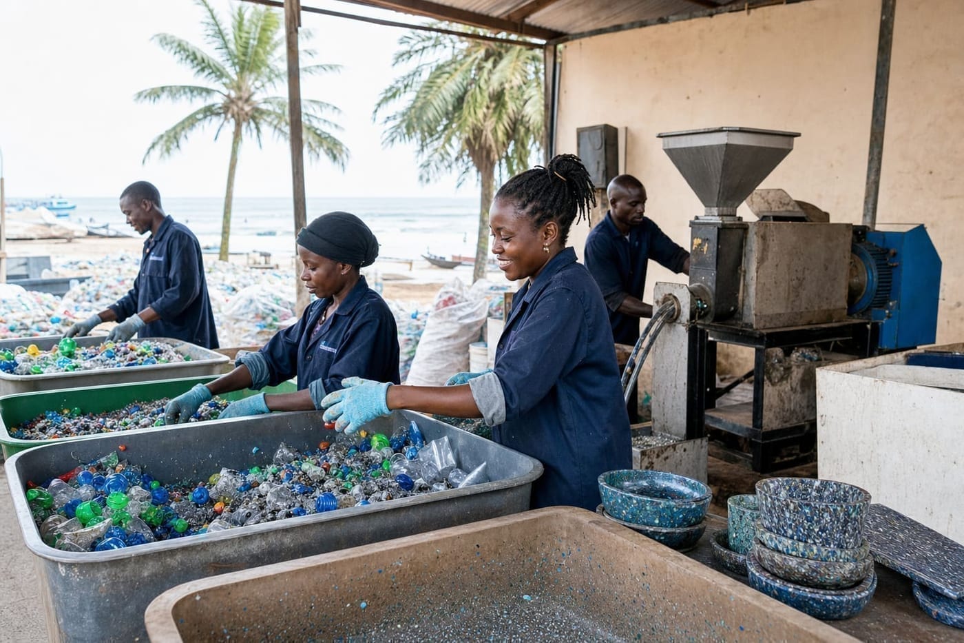 Workers sorting plastic bottles beside a grinder at a coastal micro-recycling pod.