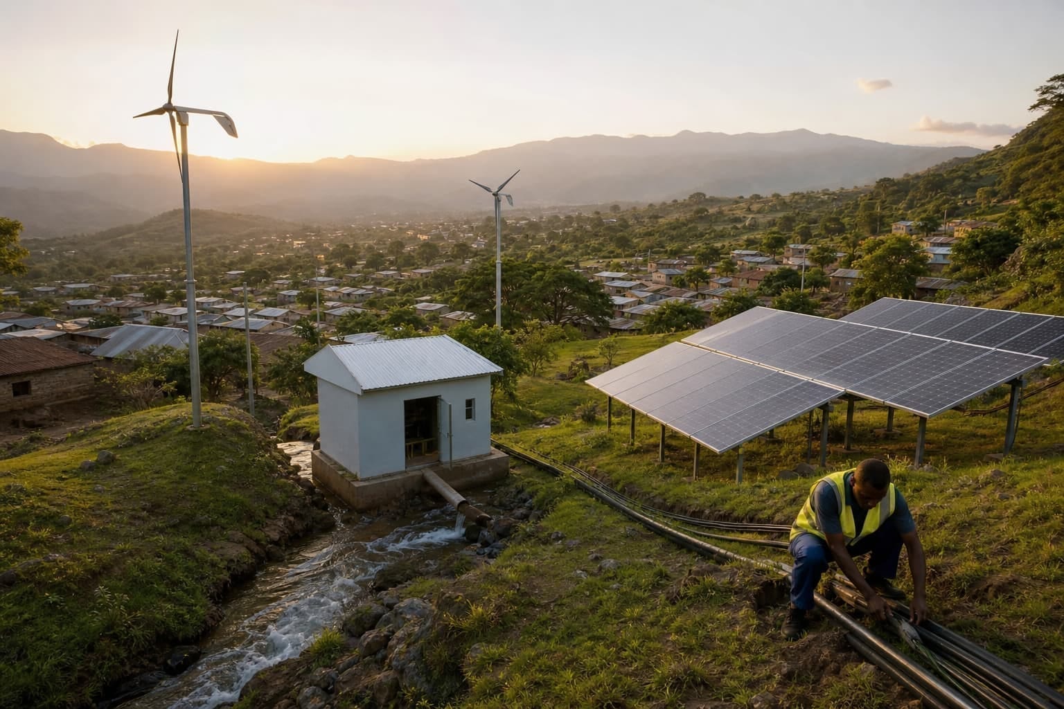 A hillside village micro-grid with solar panels, small wind turbines and a micro-hydro outflow.
